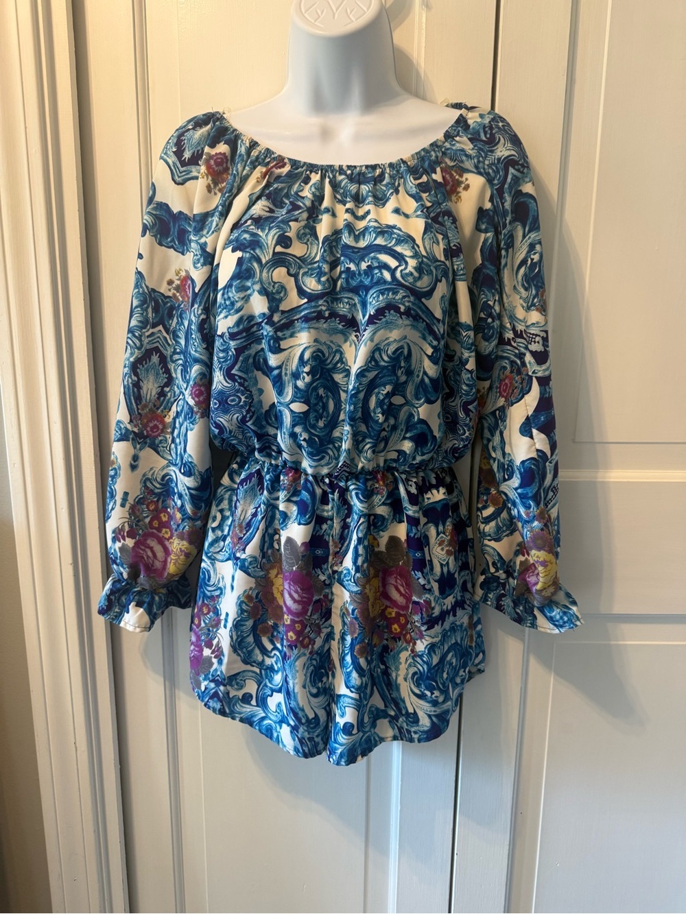 A. gain NWOT Blue Floral Off-Shoulder Romper with Elastic Waist